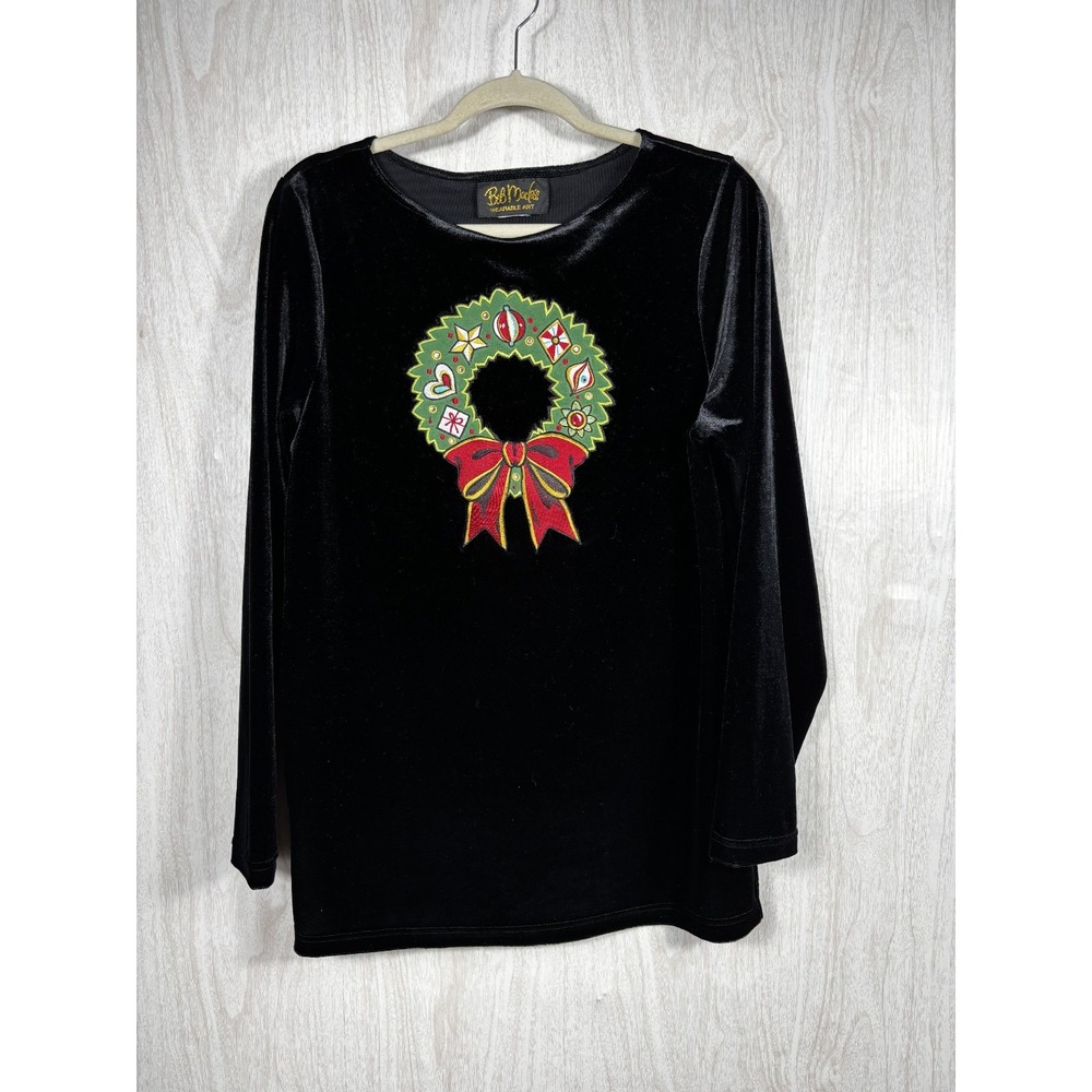 Bob Mackie Black Velvet Christmas Sweater Womens L Wreath Bow Wearable Art‎